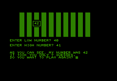 Screenshot of a number guessing game; the user has correctly guessed 42.