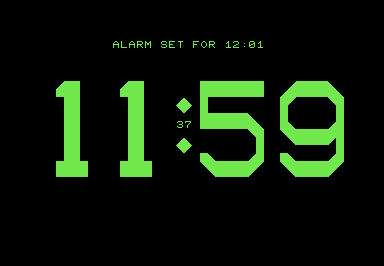 Screenshot of digital clock, displaying 11:59 in large, PETSCII numerals.