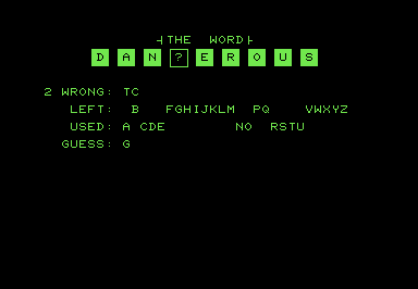Screenshot of a word guessing game. The mystery word is DAN_EROUS.