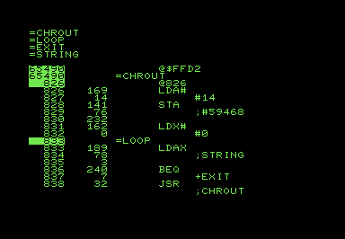 Screenshot of a 'Hello, world!' program written in 6502 assembly language.
