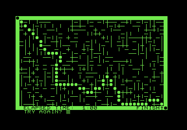 Screenshot of jumble of PETSCII characters with a path traced between opposite corners of the screen.