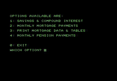 Screenshot of a menu of financial tools: compound interest, mortgage amortization, and pension payouts.