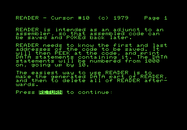 Screenshot of instructions for the READER utility.
