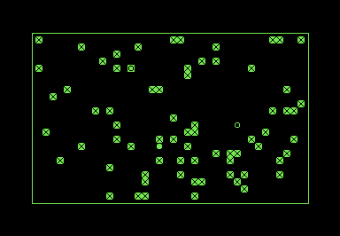 Screenshot of a field filled with PETSCII obstacles and two circles representing the player and computer.