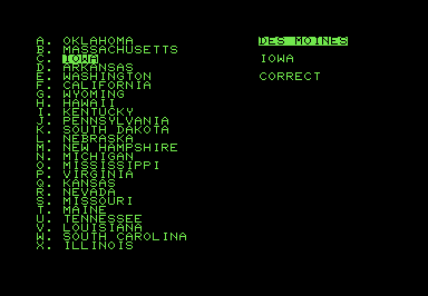 Screenshot of a menu of U.S. states. The user is asked to locate Des Moines.