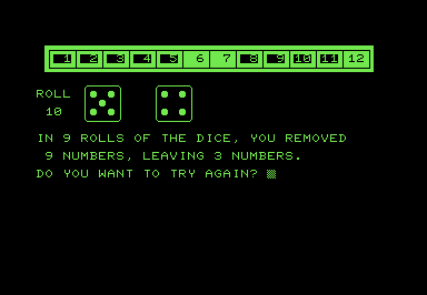 Screenshot of two PETSCII dice and a row of numbers from 1 to 12.