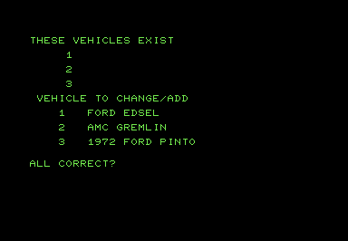 Screenshot of a data entry screen where a user can enter names of cars.