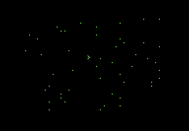 Screenshot of a greater-than sign on a field of random dots.