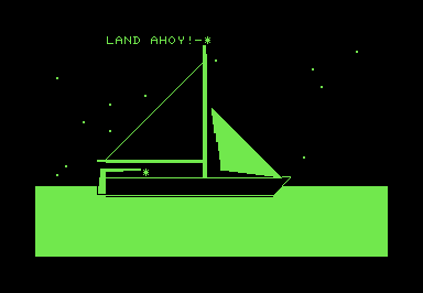 Screenshot of a PETSCII sailboat with the words 'LAND AHOY!' appearing above the mast.