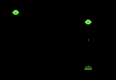 Screenshot of of a PETSCII turret at the bottom of the screen, and two PETSCII aliens near the top.