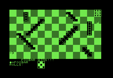 Screenshot of a Snakes-and-Ladders-type game board rendered with PETSCII graphics.