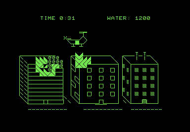 Screenshot of a PETSCII represenation of a helicopter flying above a burning apartment tower.