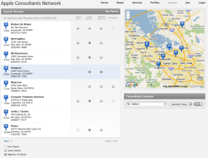 A screenshot of Apple's Consultant Locator, showing a map with pins marking the location of nearby consultants.