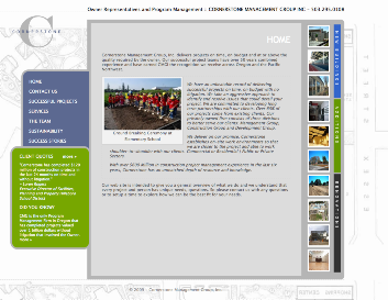 A screenshot of Cornerstone Management's home page, featuring a photo of workers on a construction site.