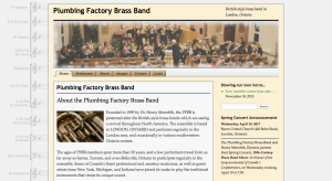 A screenshot of the Plumbing Factory Brass Band's website, featuring a large photograph of the band and a picture of an antique baritone horn.