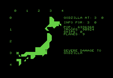 Screenshot of a PETSCII map of Japan, with Godzilla's location marked.