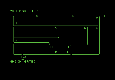 Screenshot of a PETSCII rail map, with switch points marked 'A' through 'F'.