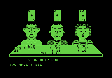 Screenshot of three PETSCII player characters seated at a card table.