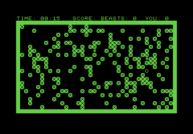 Screenshot of a screen of PETSCII blocks. Asterisks indicate beasts and a circle indicates the player.