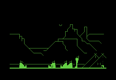 Screenshot of a PETSCII portrayal of a canyon rock mesas; several Native American figures sit at the bottom of the screen.