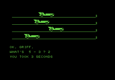 Screenshot of four PETSCII racecars on a track. Player one has just successfully answered a subtraction problem.
