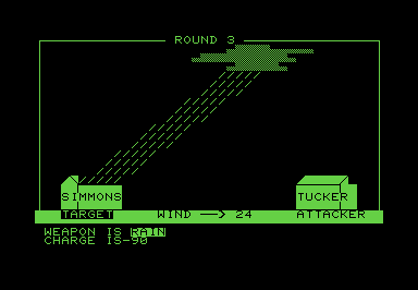 Screenshot of two PETSCII houses. Rainfall is damaging the house on the left.