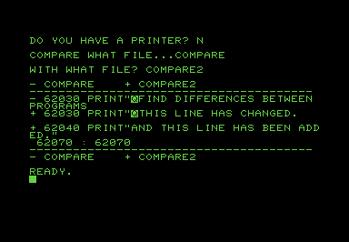 Screenshot of a line-by-line comparison of two versions of a BASIC program.
