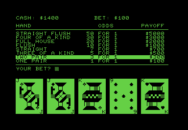 Screenshot of a poker hand. The cards are rendered in PETSCII graphics characters.