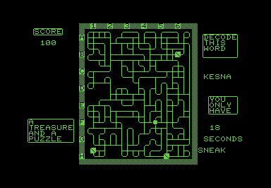 Screenshot of a PETSCII maze. The player is being asked to unscramble the word 'KESNA'.