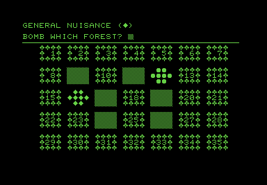 Screenshot of a 7x5 playfield, with two player locations marked and 'bombed' squares greyed out.