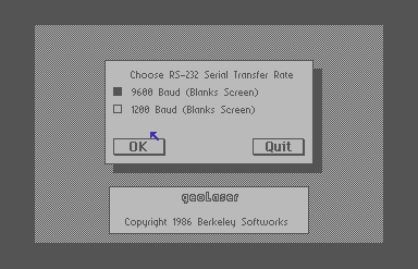 Screenshot of the geoLaser intro screen. The user is being asked to choose an RS-232 baud rate.