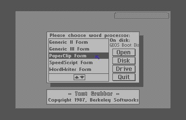Screenshot of the GEOS Text Grabber word processor template select dialog.
