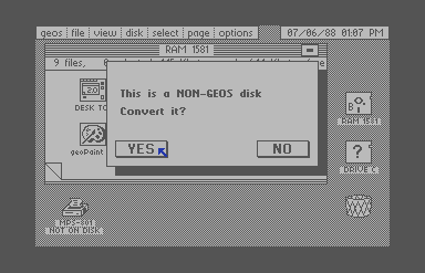 Screenshot of a GEOS dialogue box reading 'This is a non-GEOS disk. Convert it?' The mouse pointer is positioned over the 'Yes' option.