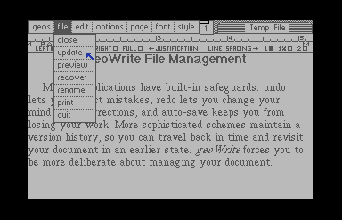 Screenshot of the geoWrite file menu with the mouse pointer positioned over update.
