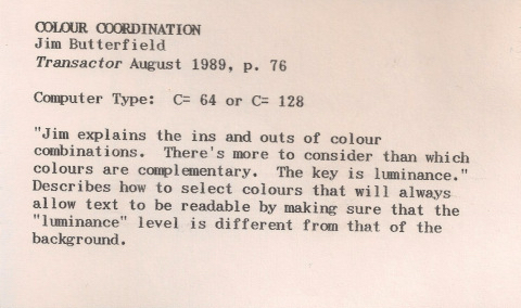 An index card, printed with the details of an article by Jim Butterfield. The alignment of the text is slightly off-kilter.