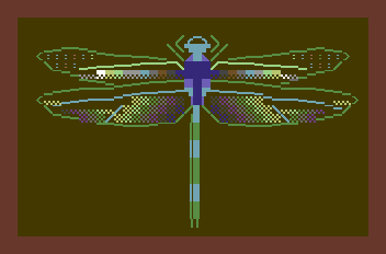 Drawing of a dragonfly composed of PETSCII character graphics.