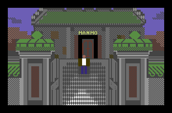 Drawing of Ryo Hazuki standing in front of Man Mo Temple in Hong Kong as seen in the game Shenmue II. The drawing is composed of PETSCII character graphics.