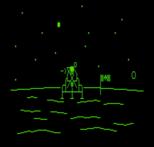 Low resolution, monochrome drawing of a lunar lander on the surface of the moon.