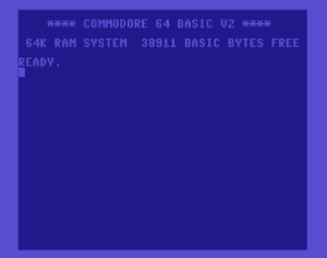 Commodore 64 boot screen, displaying the words 'Commodore 64 BASIC v2. 64k RAM system; 38911 BASIC bytes free. Ready.' followed by a block cursor.