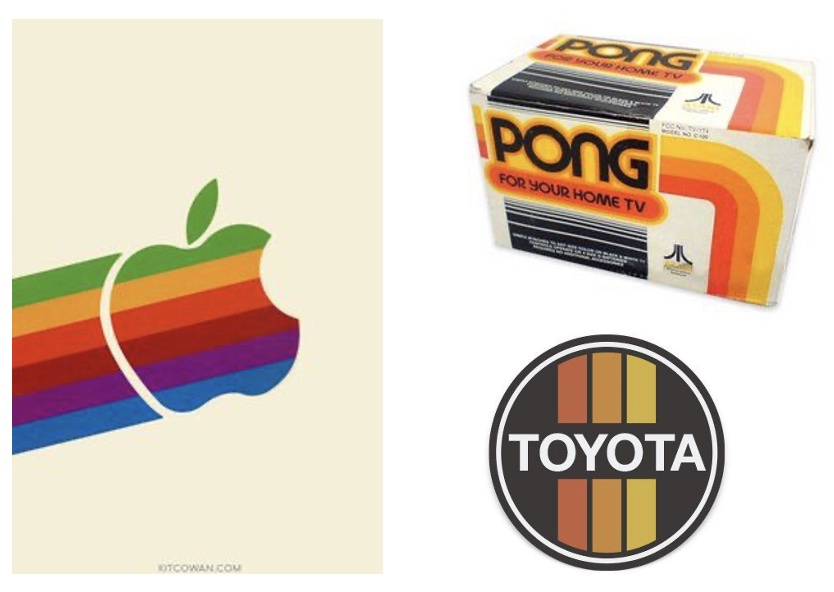 1970s-era logos for Apple, Toyota, and Atari's Pong.