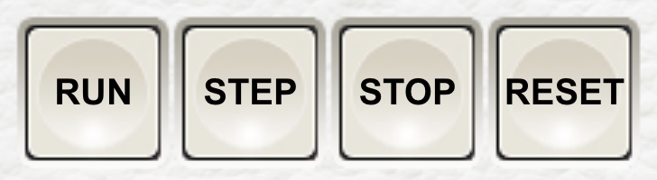 A row of four buttons marked RUN, STEP, STOP, and RESET.