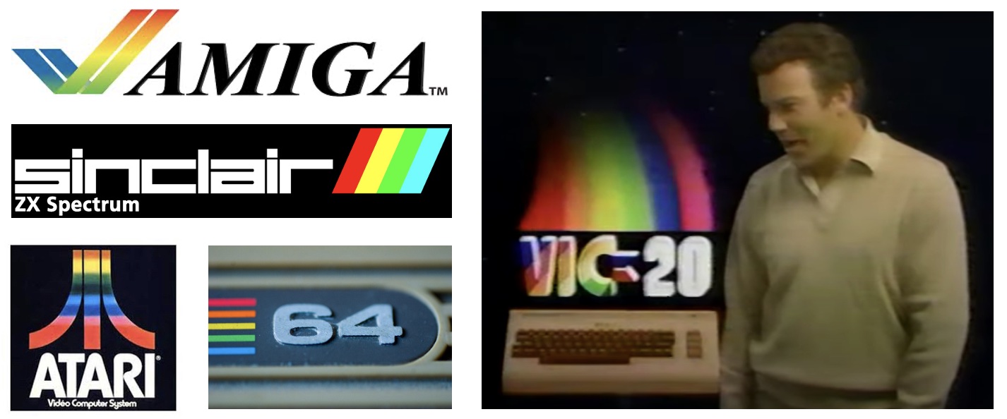 A variety of rainbow-coloured computer logos from the 1980s