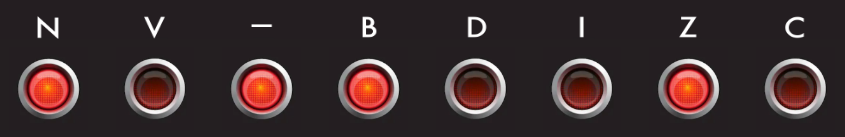 A row of eight indicator lights, each labelled with one of the 6502 status flags.