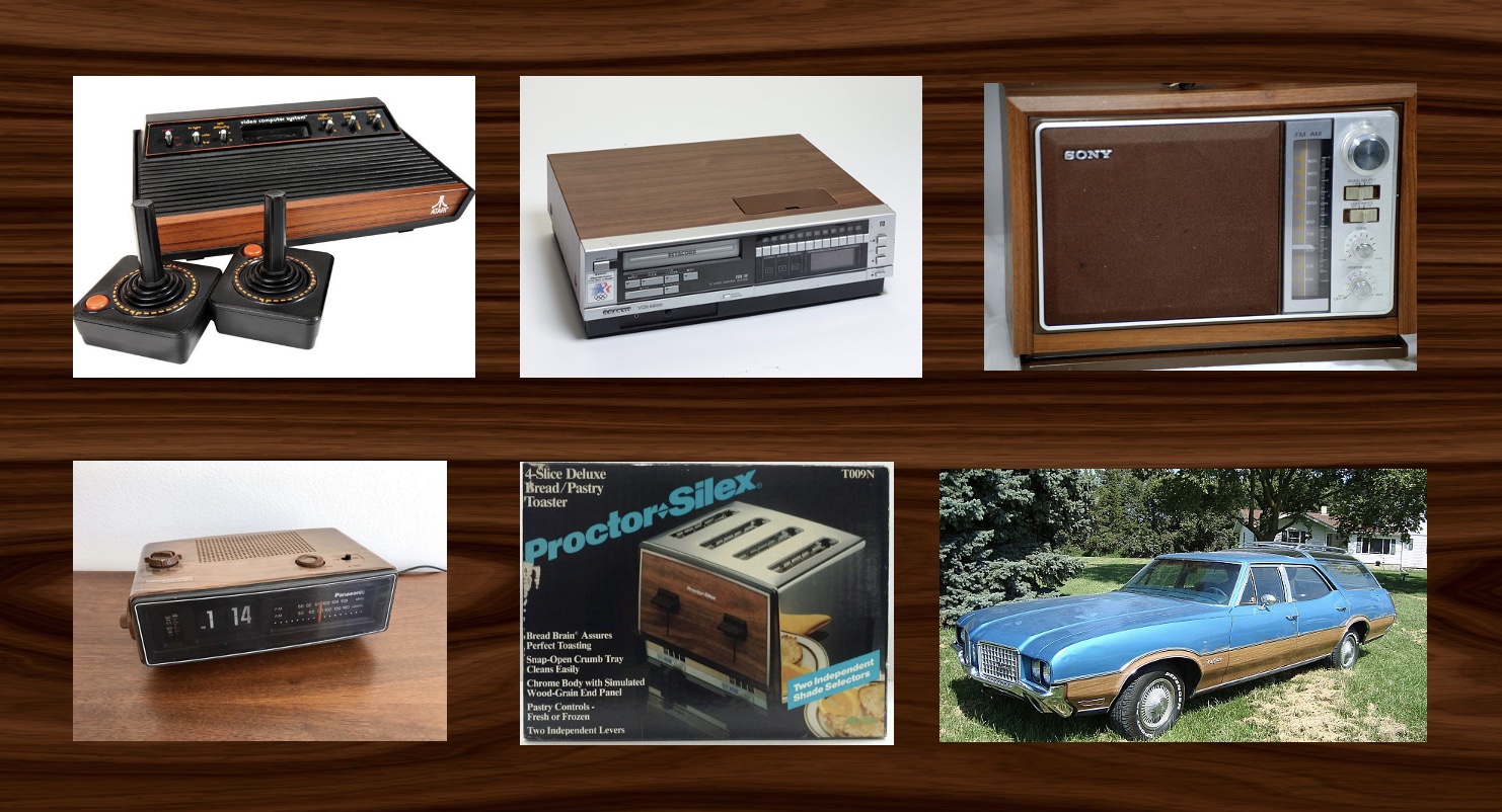 An Atari 2600 game console, a 1970s-era VCR, a bulky transistor radio in an artificial wooden case, a 1970s-era clock radio, a chrome toaster with an artificial wood front panel, and a Vista Cruiser station wagon.