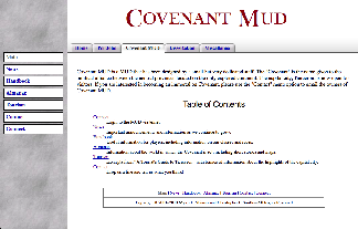 A screenshot of Covenant MUD's homepage circa 2010 featuring a more open design and tabbed navigation.