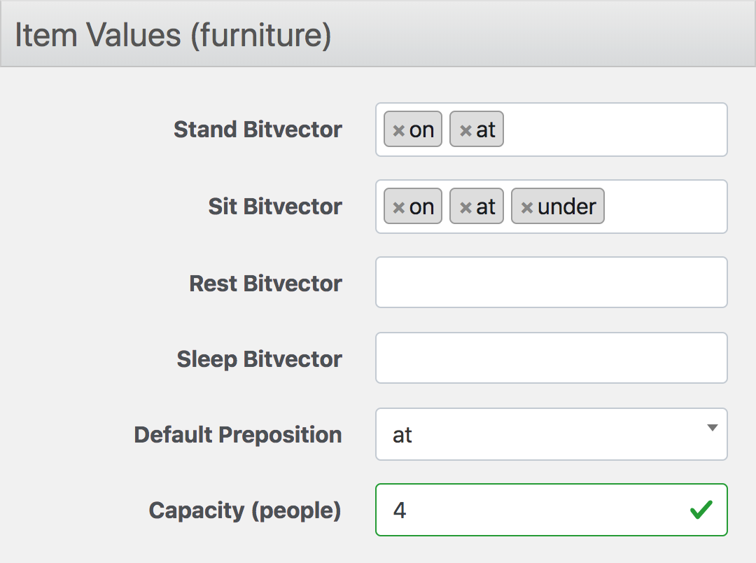 Screenshot of the object value fieldset for editing a furniture object.