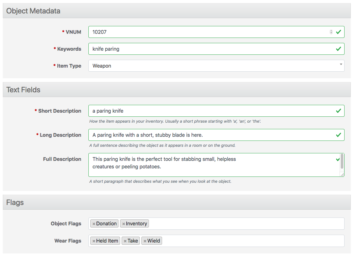 A screenshot of the TCS object edit form showing a mix of text inputs and select inputs.