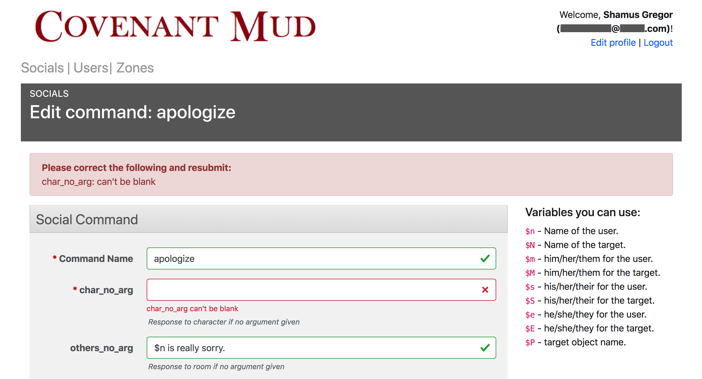 Screenshot of a web form in the Tierceron Construction Set. The form is showing edit options for the 'apologize' social command