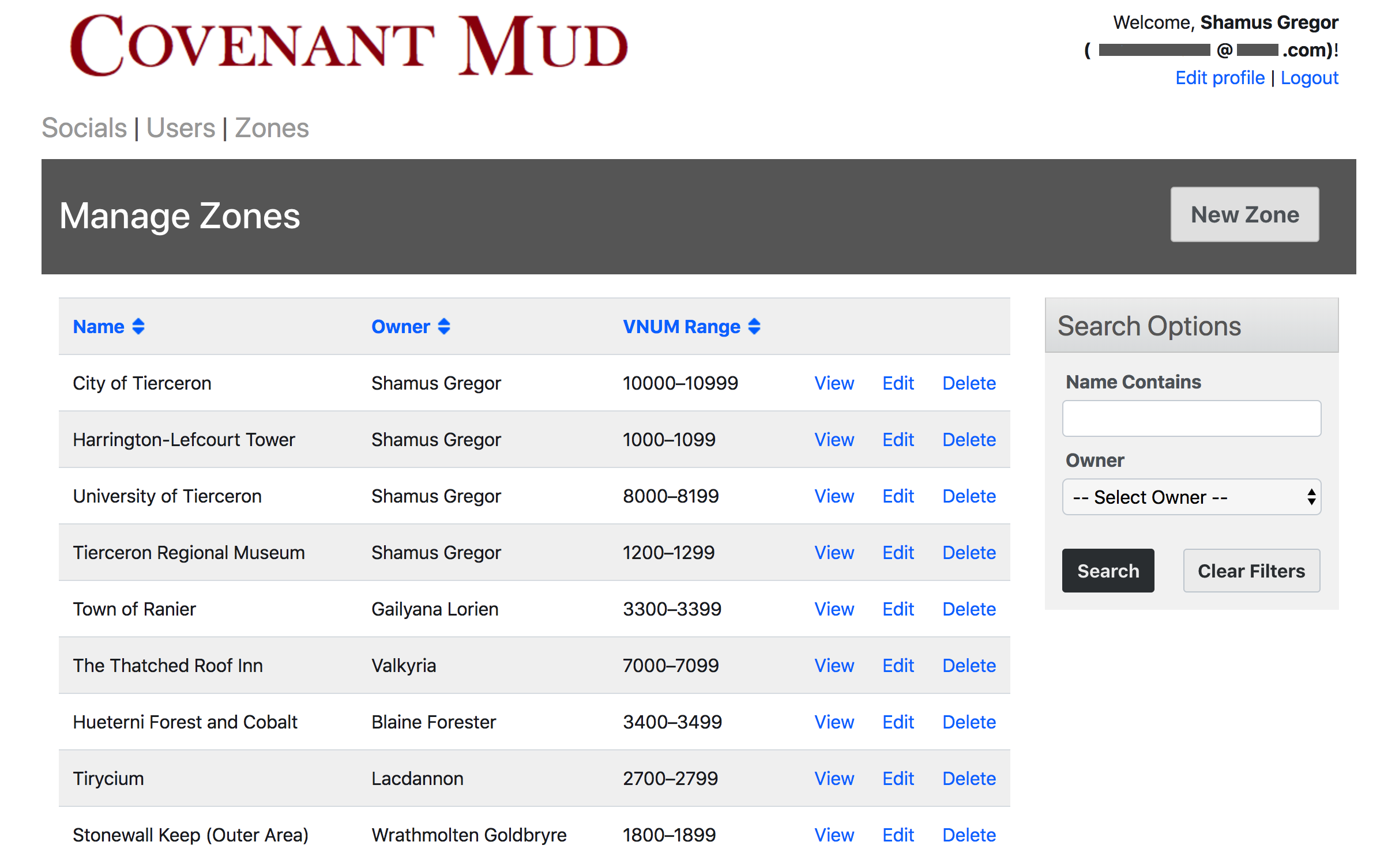 Screenshot of an index listing, showing a number of in-game zones and the builders who own them.